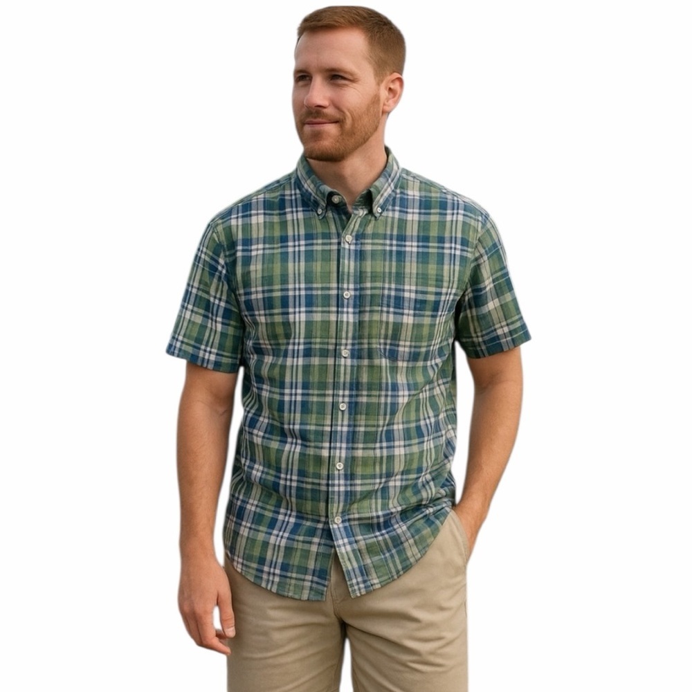 LL Bean Mens Slightly Fitted M Plaid Short Sleeve Shirt Green Blue Preppy Casual